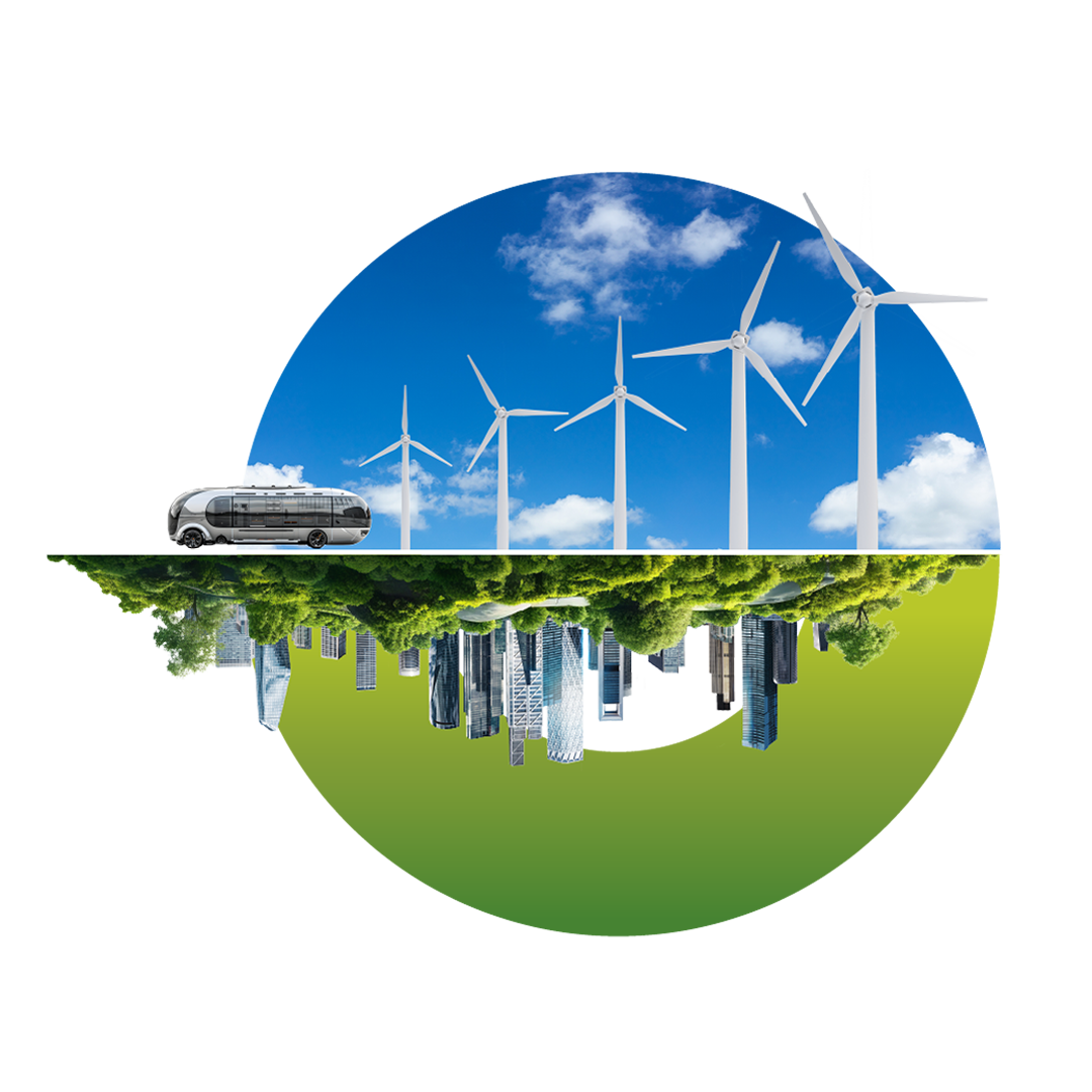 Sustainability for a Connected Planet 绿色、白色和黄色圆形图表代表地球及其环境与气候变化的关系。