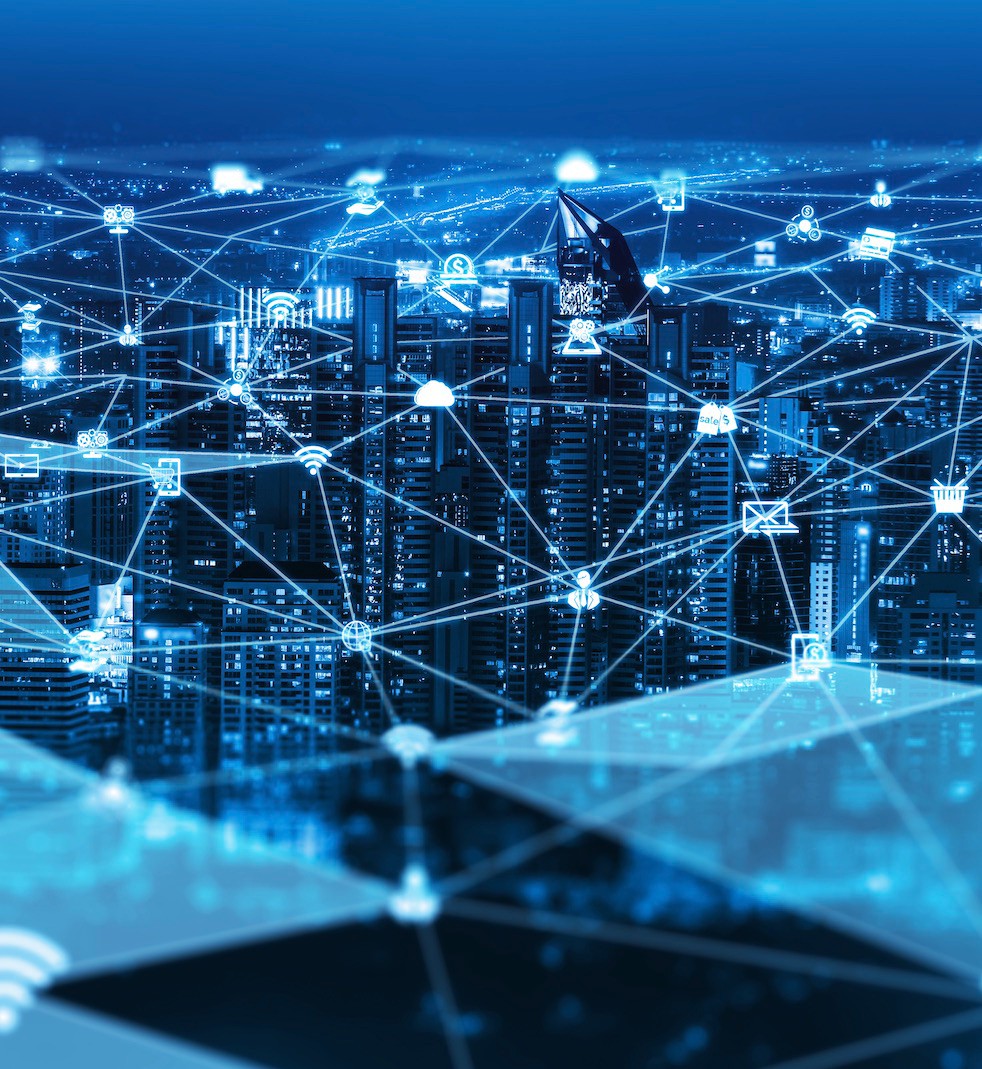 The modern creative communication and internet network connect in smart city . Concept of 5G wireless digital connection and internet of things future. Beeline Image