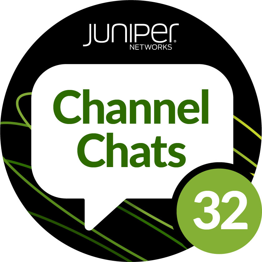A green circle with the Juniper Networks logo above a white speech bubble with the text “Channel Chats Episode 32” with a white heart in a smaller blue speech bubble, and three white lines in a smaller green speech bubble under that.